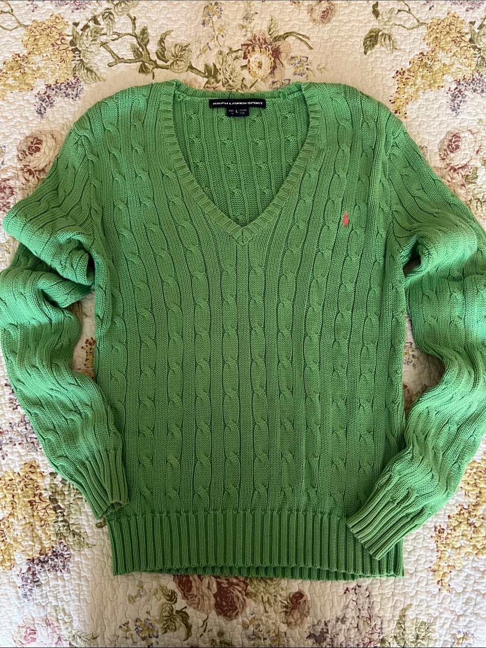Ralph Lauren Sport Cable-Knit Cotton V-Neck Sweater Size Large
